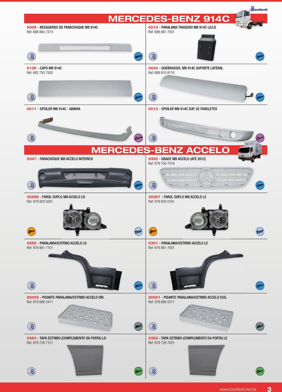 02 FAROLETES MERCEDES-BENZ ACCELO 0347 - PARACHOQUE MB ACCELO INTEIRICO 0350 - GRADE MB ACCELO (ATE 2012) Ref: 979 750 7018 30268 - FAROL DUPLO MB ACCELO LD Ref: 979 820 0261 30267 - FAROL DUPLO MB