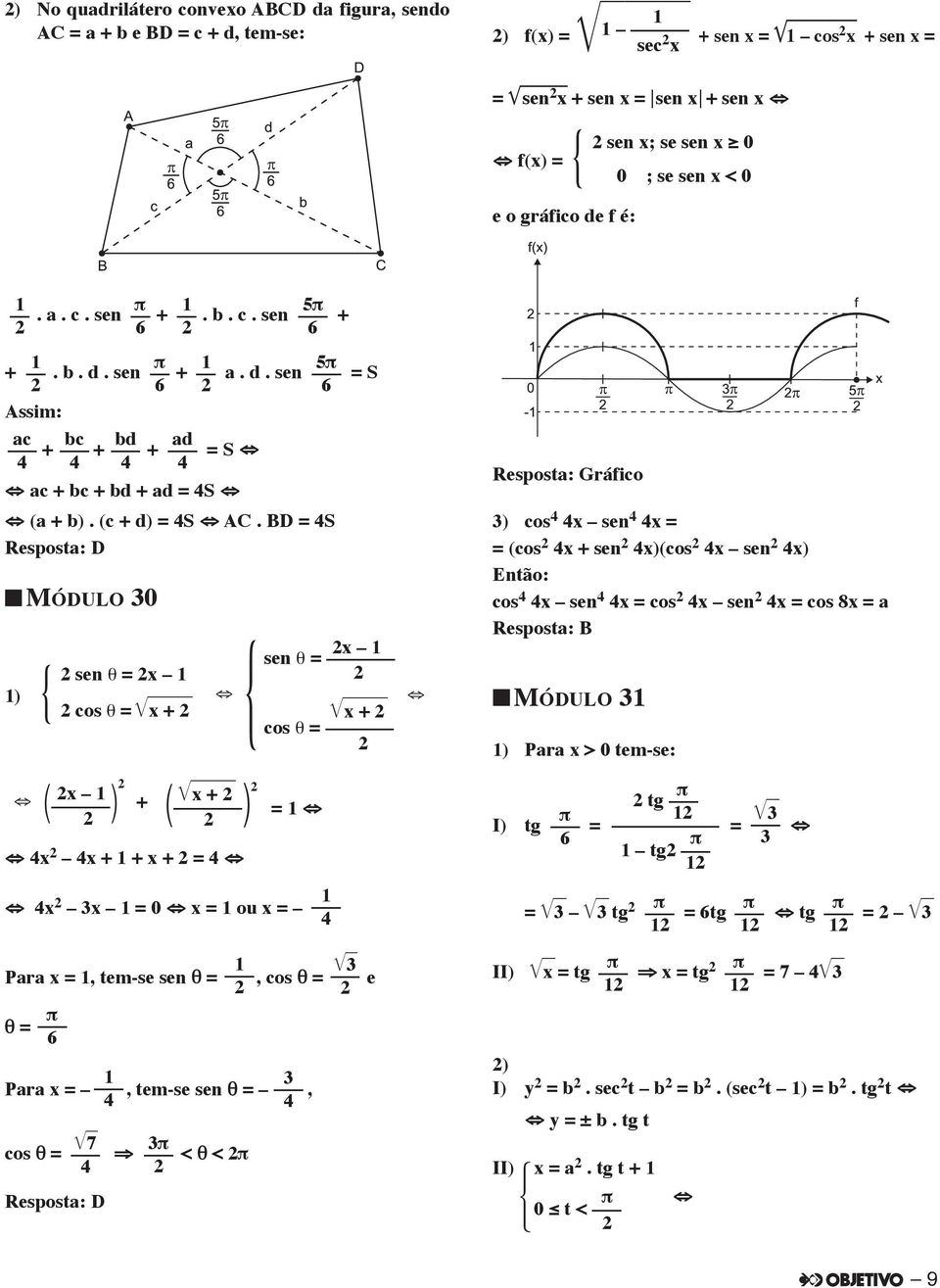 Bd = 4S Resposta: d MóduLo 30 ) { sen = x cos = x + x ( ) 4x 4x + + x + = 4 = 4x 3x = 0 x = ou x = 3 Para x =, tem-se sen =, cos = e = 6 x + ( ) 3 Para x =, tem-se sen =, 4 4 7 3 cos = < < 4