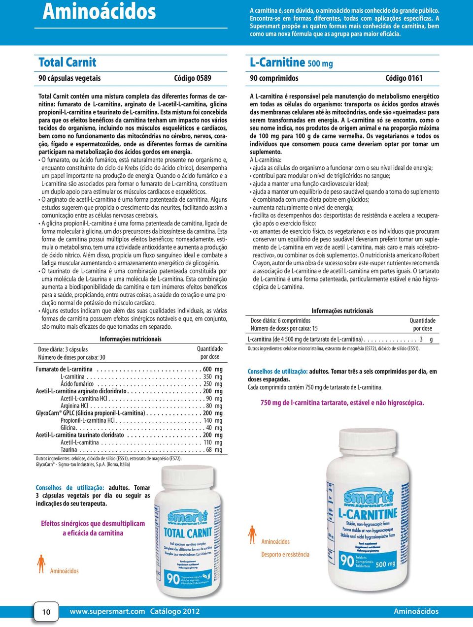 L-Carnitine 500 90 comprimidos Código 0161 Total Carnit contém uma mistura completa das diferentes formas de carnitina: fumarato de L-carnitina, arginato de L-acetil-L-carnitina, glicina