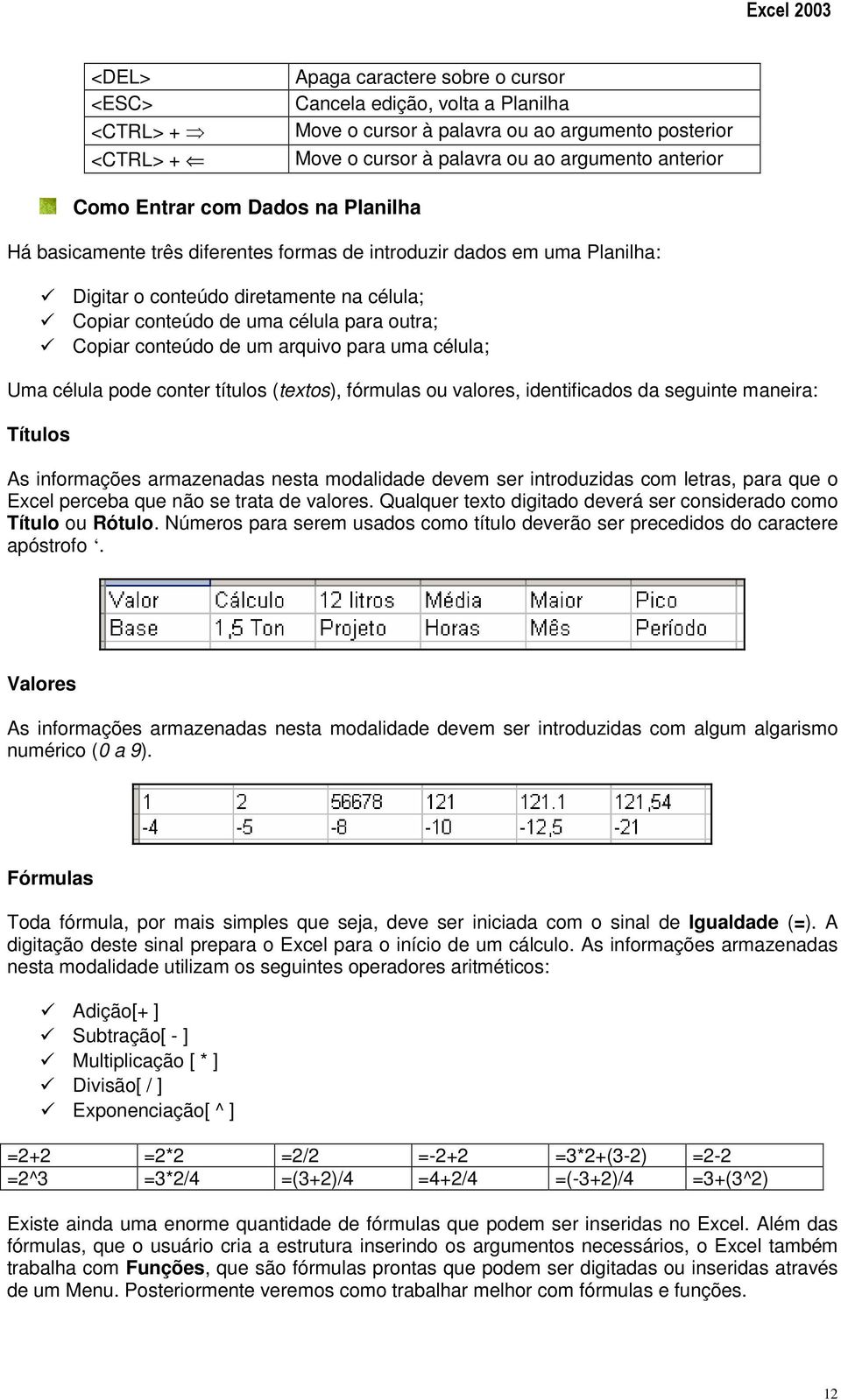 conteúdo de um arquivo para uma célula; Uma célula pode conter títulos (textos), fórmulas ou valores, identificados da seguinte maneira: Títulos As informações armazenadas nesta modalidade devem ser