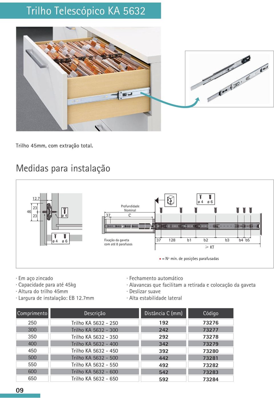 de posições parafusadas Em aço zincado Capacidade para até 45kg Altura do trilho 45mm Largura de instalação: EB 12.