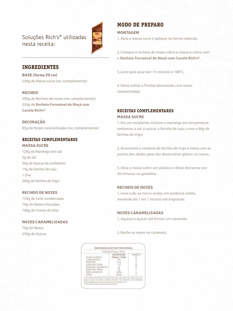 complementar) RECEITAS COMPLEMENTARES MASSA SUCRE 12 de Manteiga sem sal 2g de Sal 9 de Açúcar de confeiteiro 15g de Farinha de caju 1 Ovo 26 de Farinha de trigo RECHEIO DE NOZES 15 de Leite