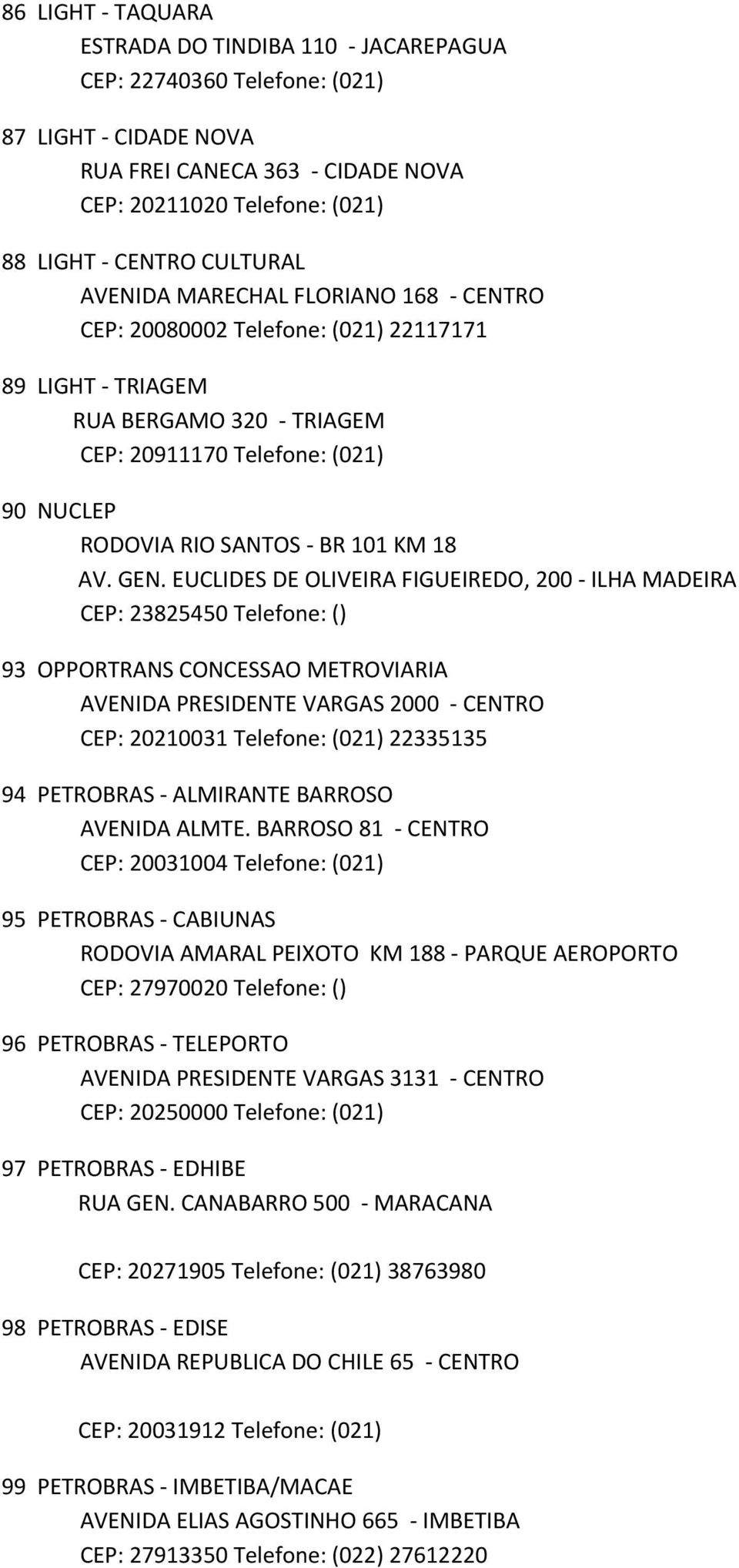 GEN. EUCLIDES DE OLIVEIRA FIGUEIREDO, 200 - ILHA MADEIRA CEP: 23825450 Telefone: () 93 OPPORTRANS CONCESSAO METROVIARIA AVENIDA PRESIDENTE VARGAS 2000 - CENTRO CEP: 20210031 Telefone: (021) 22335135