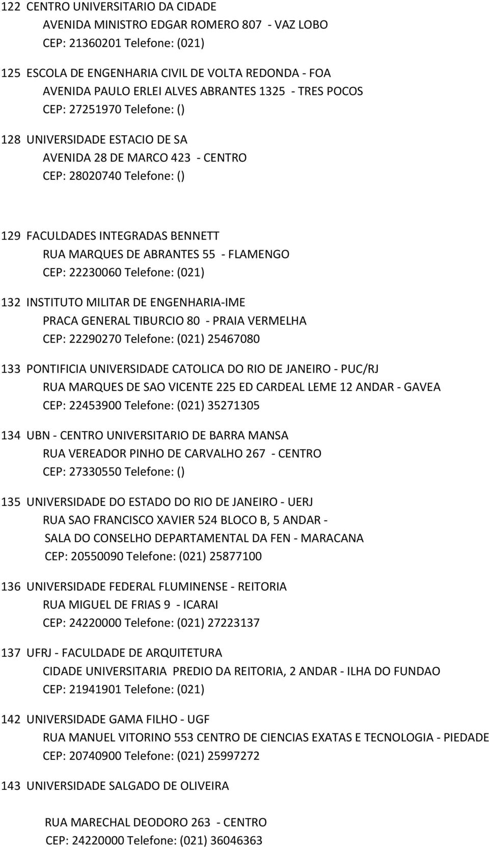 FLAMENGO CEP: 22230060 Telefone: (021) 132 INSTITUTO MILITAR DE ENGENHARIA-IME PRACA GENERAL TIBURCIO 80 - PRAIA VERMELHA CEP: 22290270 Telefone: (021) 25467080 133 PONTIFICIA UNIVERSIDADE CATOLICA