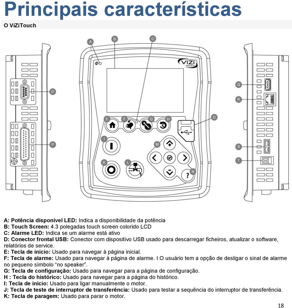 relatórios de service. E: Tecla de início: Usado para navegar à página inicial. F: Tecla de alarme: Usado para navegar à página de alarme.