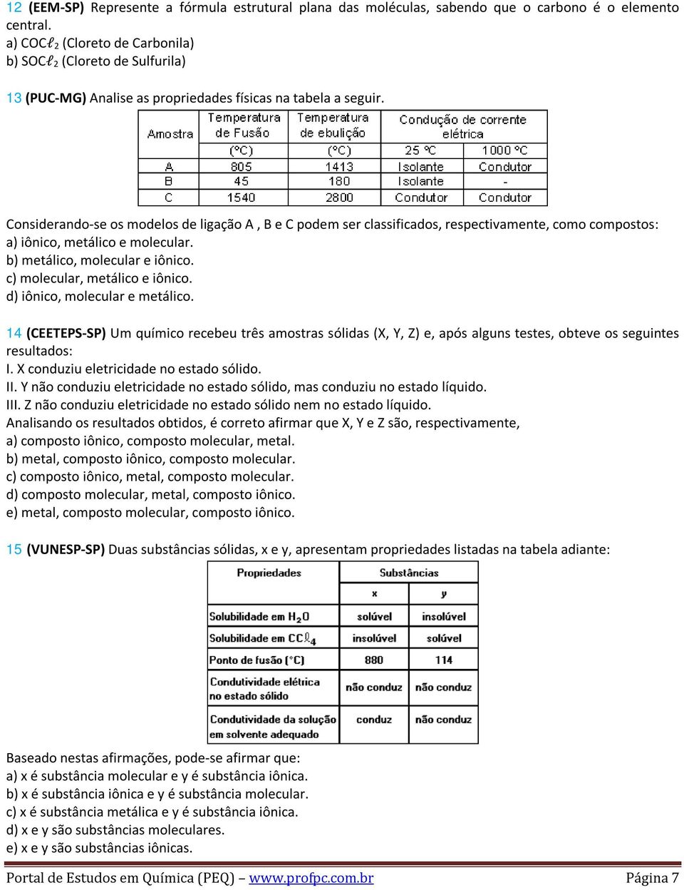 Considerando-se os modelos de ligação A, B e C podem ser classificados, respectivamente, como compostos: a) iônico, metálico e molecular. b) metálico, molecular e iônico.