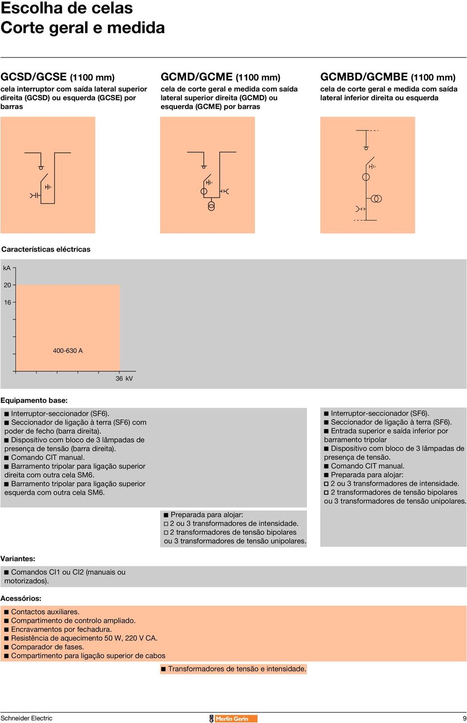 16 400-630 A 36 kv Equipamento base: c Interruptor-seccionador (SF6). c Seccionador de ligação à terra (SF6) com poder de fecho (barra direita).