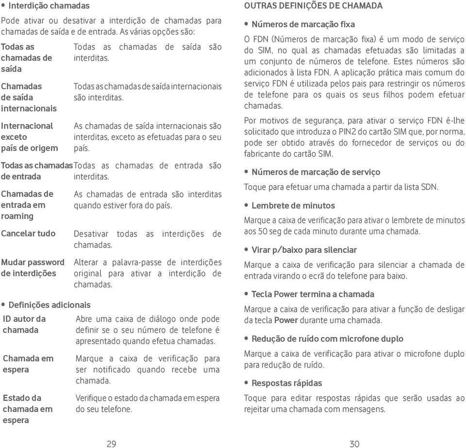 Todas as chamadas de saída internacionais são interditas. As chamadas de saída internacionais são interditas, exceto as efetuadas para o seu país.