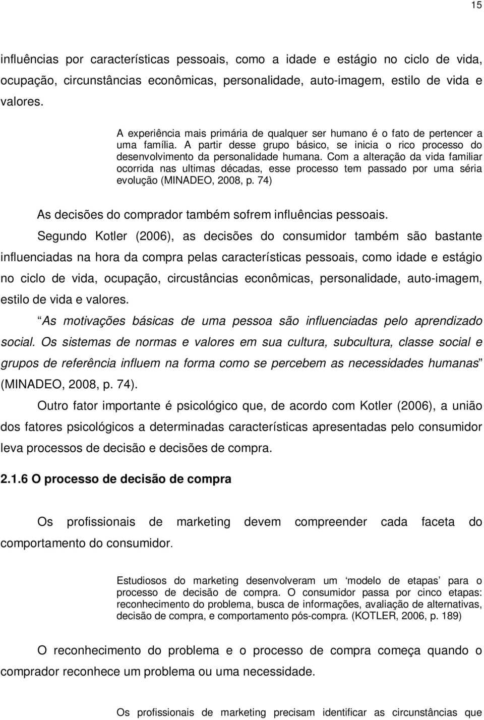 Com a alteração da vida familiar ocorrida nas ultimas décadas, esse processo tem passado por uma séria evolução (MINADEO, 2008, p. 74) As decisões do comprador também sofrem influências pessoais.