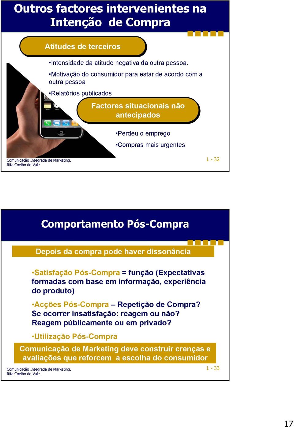 Comportamento Pós-Compra Depois da compra pode haver dissonância Satisfação Pós-Compra = função (Expectativas formadas com base em informação, experiência do produto) Acções