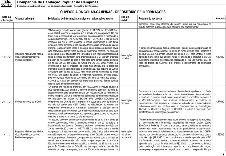 01.2012, nr. 079733138-7, e em 06.03 recebeu a resposta que a renda era incompatível. No dia 06/3; ela e o marido Luiz xxx já estavam desempregados e recebendo o seguiu desemprego. Em 29.05.