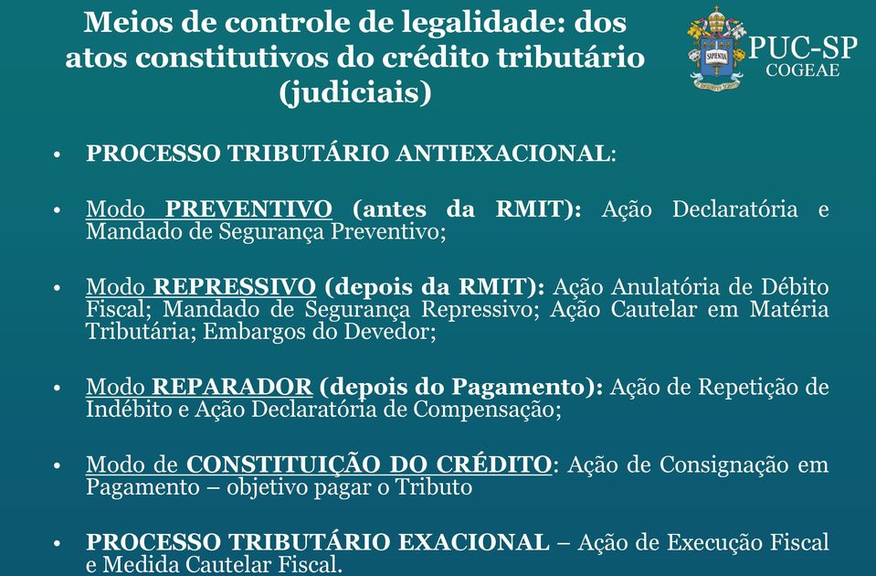 Cautelar em Matéria Tributária; Embargos do Devedor; Modo REPARADOR (depois do Pagamento): Ação de Repetição de Indébito e Ação Declaratória de Compensação;