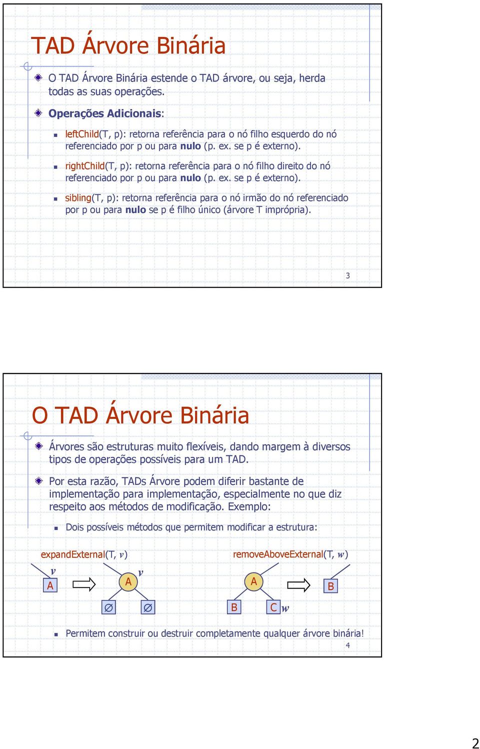 rightchild(t, p): retorna referência para o nó filho direito do nó referenciado por p ou para nulo (p. ex. se p é externo).