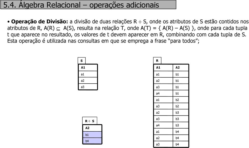 resultado, os valores de t devem aparecer em R, combinando com cada tupla de S.