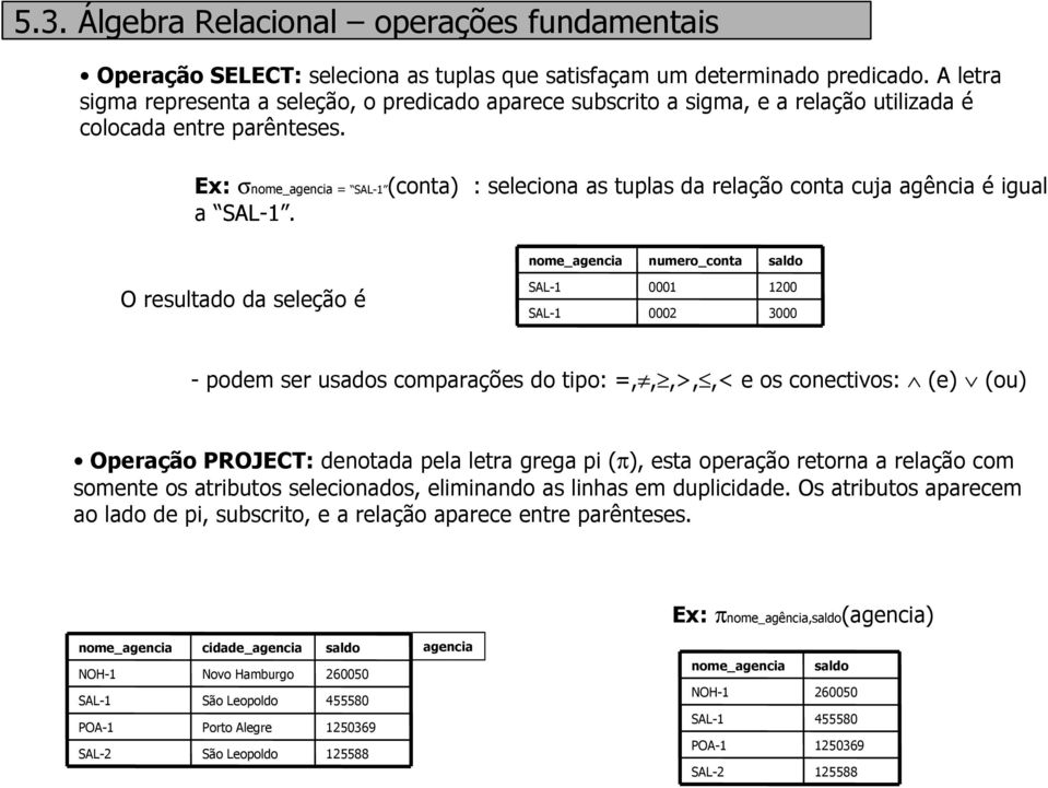 Ex: σ = (conta) : seleciona as tuplas da relação conta cuja agência é igual a.