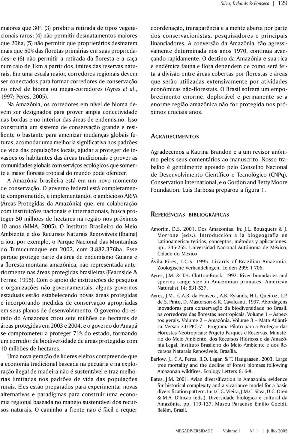 Em uma escala maior, corredores regionais devem ser conectados para formar corredores de conservação no nível de bioma ou mega-corredores (Ayres et al., 1997; Peres, 2005).