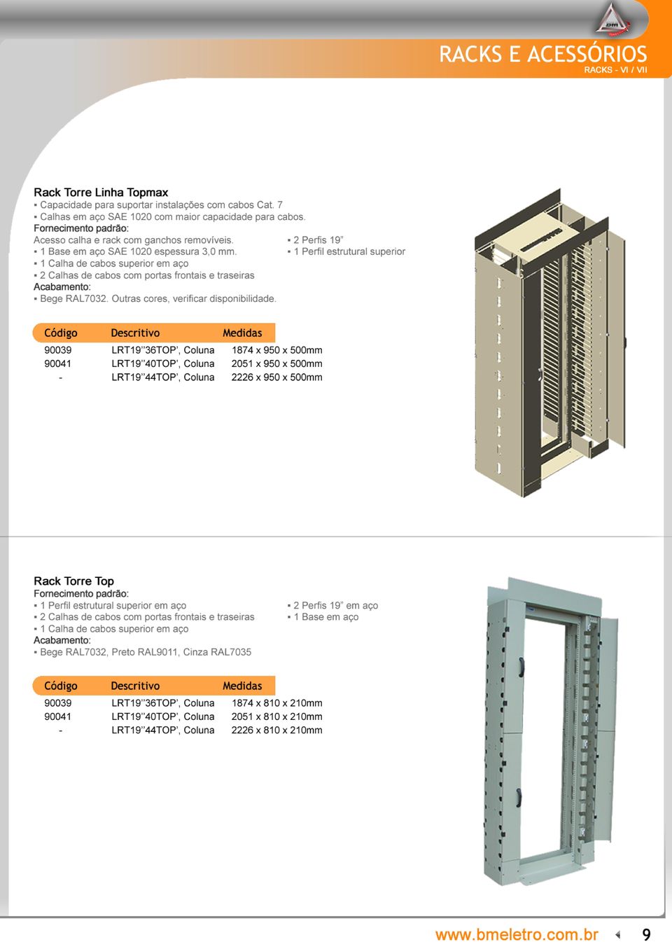 1 Perfil estrutural superior 1 Calha de cabos superior em aço 2 Calhas de cabos com portas frontais e traseiras Acabamento: Bege RAL7032. Outras cores, verificar disponibilidade.