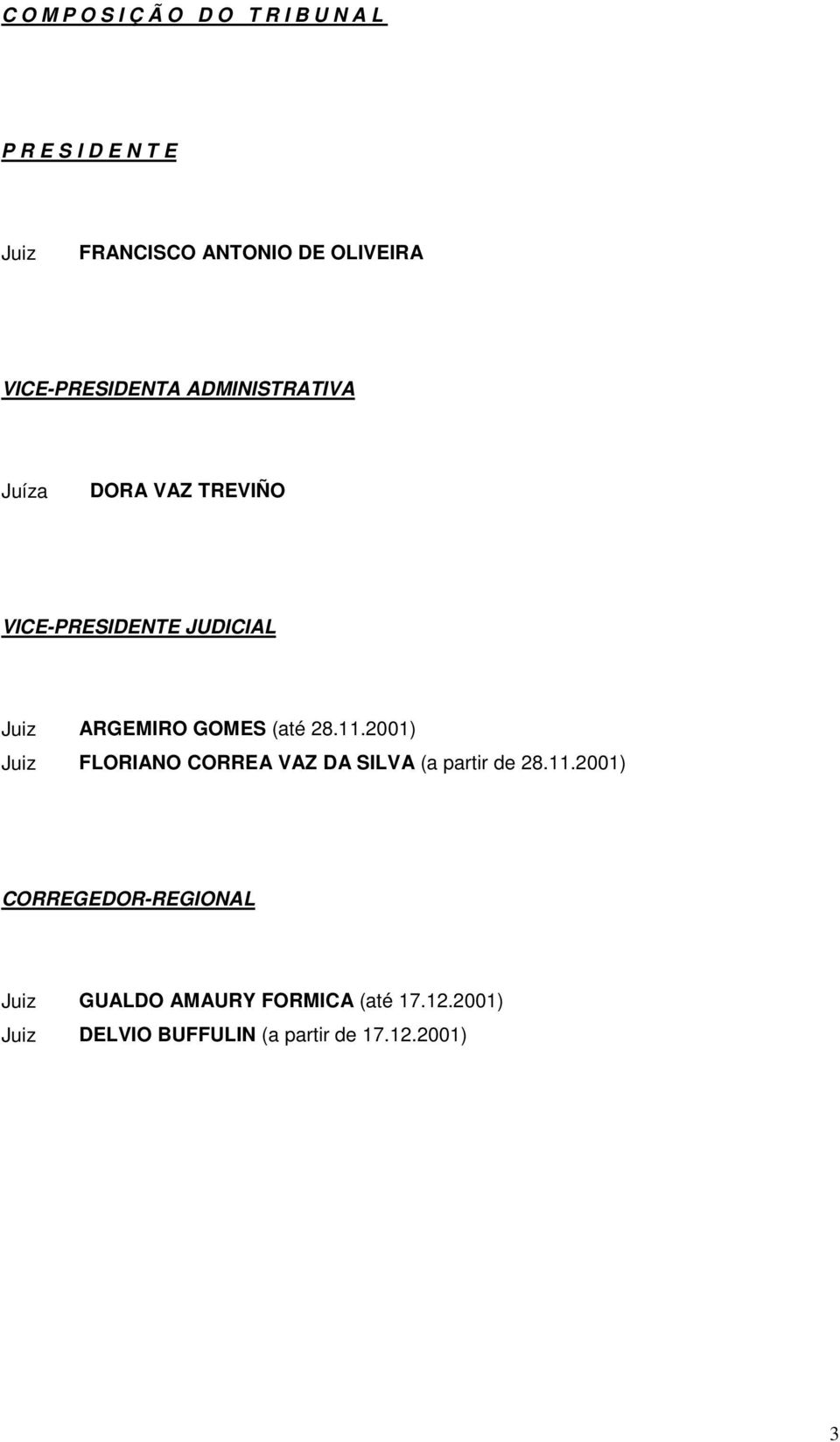 ARGEMIRO GOMES (até 28.11.2001) FLORIANO CORREA VAZ DA SILVA (a partir de 28.11.2001) CORREGEDOR-REGIONAL GUALDO AMAURY FORMICA (até 17.