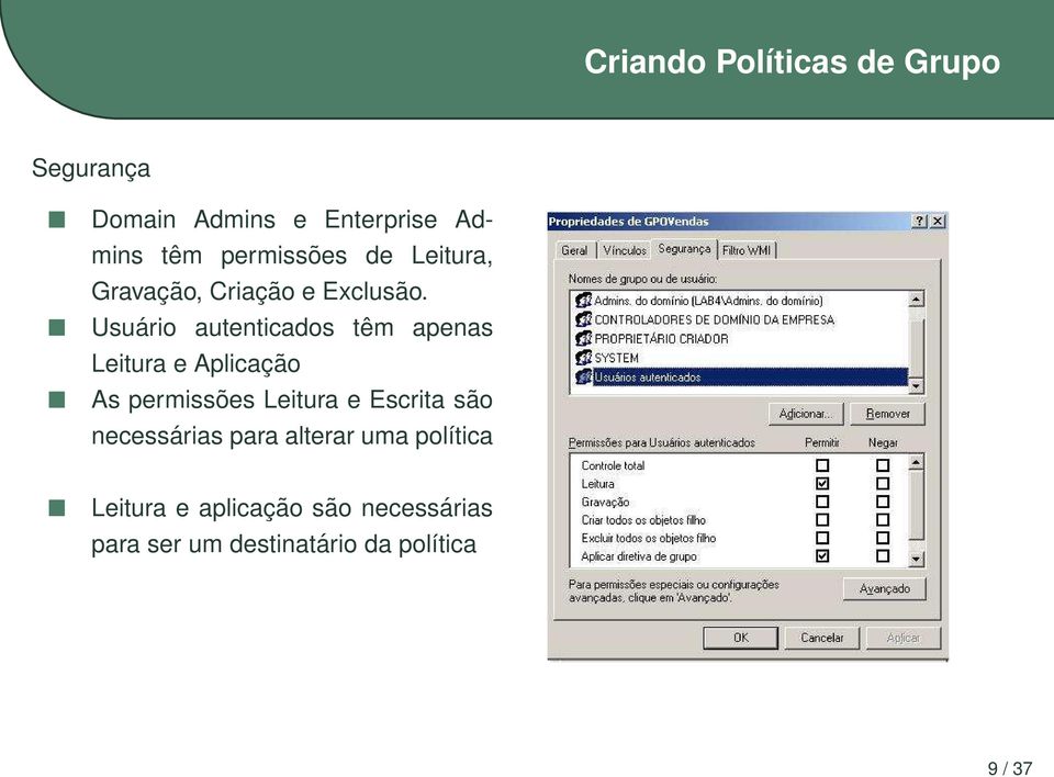 Usuário autenticados têm apenas Leitura e Aplicação As permissões Leitura e