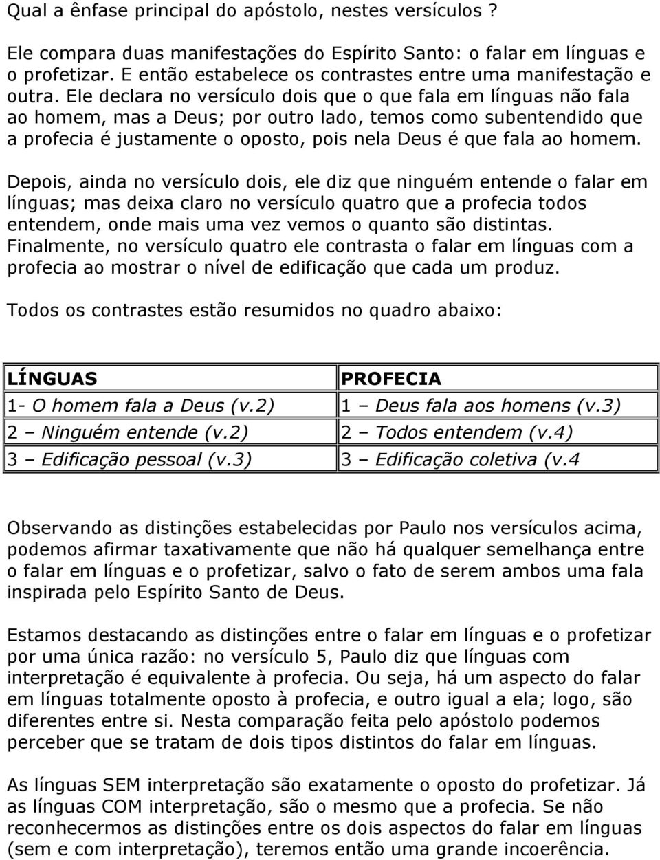 Ele declara no versículo dois que o que fala em línguas não fala ao homem, mas a Deus; por outro lado, temos como subentendido que a profecia é justamente o oposto, pois nela Deus é que fala ao homem.