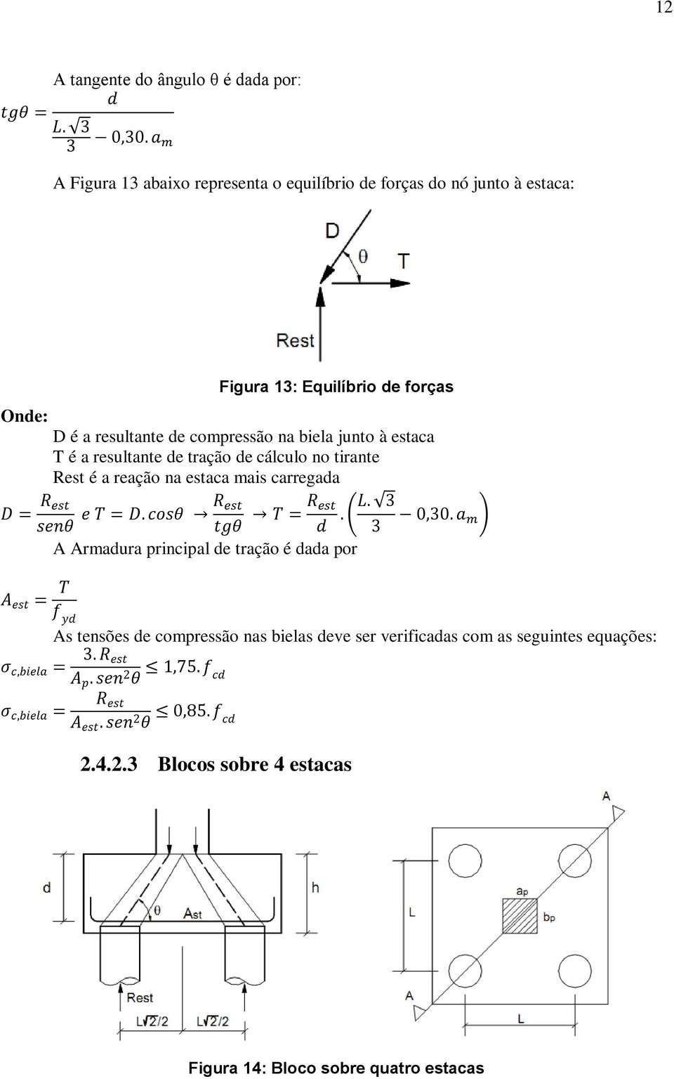 cálculo no tirante Rest é a reação na estaca mais carregada A Armadura principal de tração é dada por As tensões de