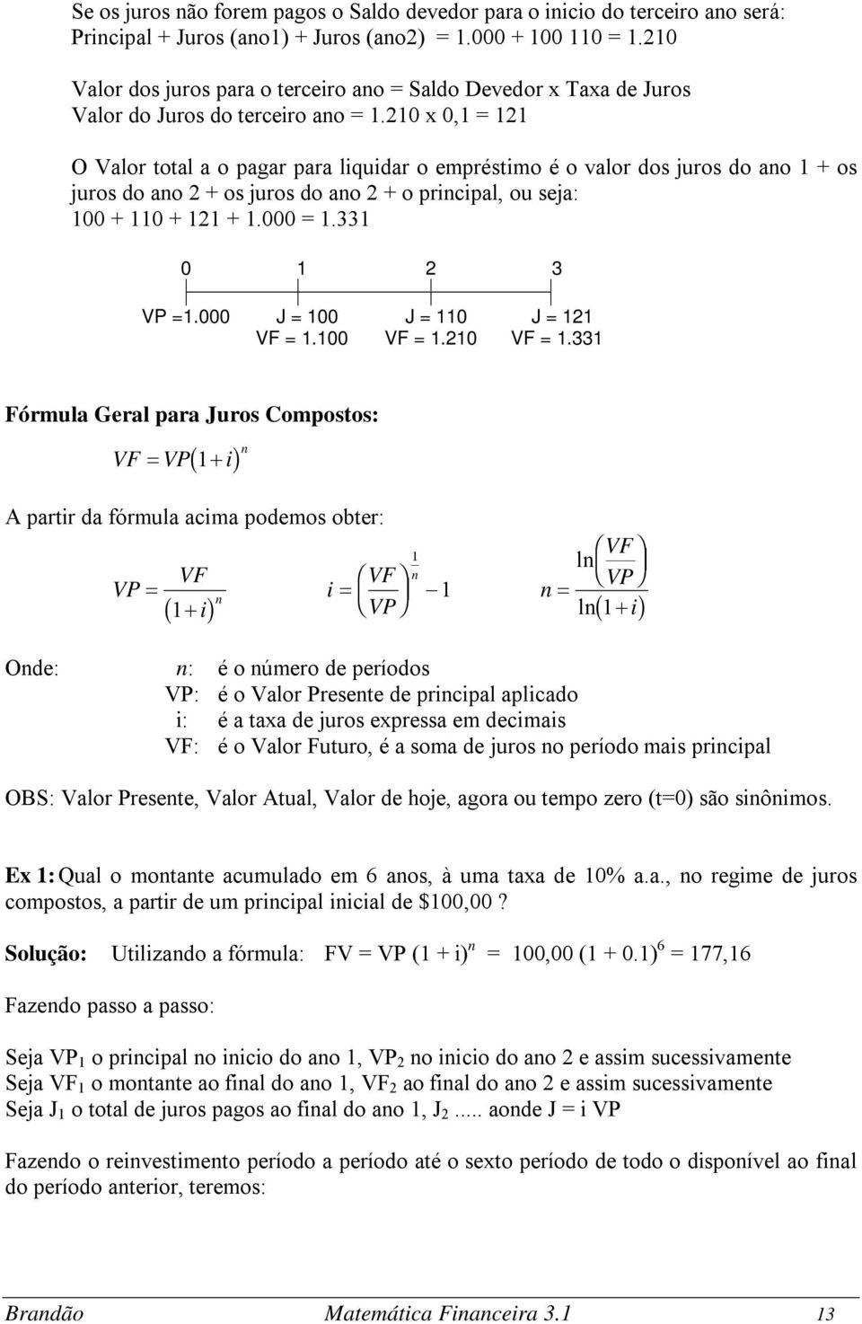 210 x 0,1 = 121 O Valor total a o pagar para liquidar o empréstimo é o valor dos juros do ano 1 + os juros do ano 2 + os juros do ano 2 + o principal, ou seja: 100 + 110 + 121 + 1.000 = 1.