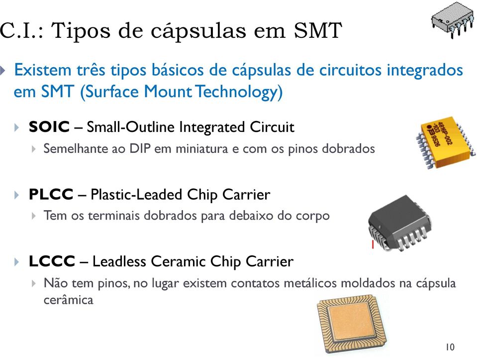 pinos dobrados PLCC Plastic-Leaded Chip Carrier Tem os terminais dobrados para debaixo do corpo LCCC