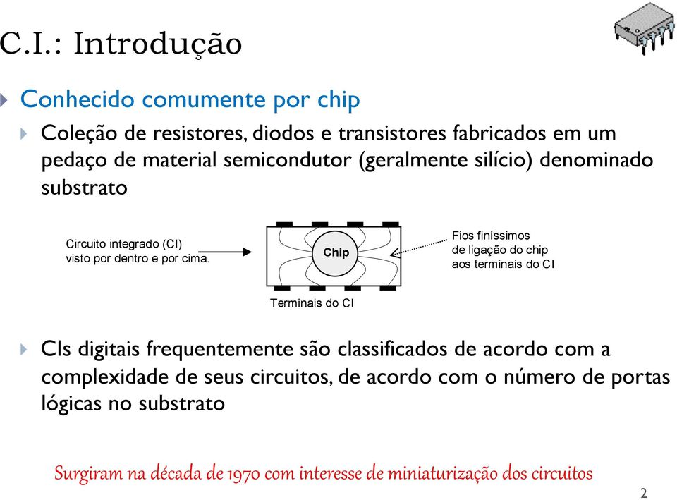 Chip Fios finíssimos de ligação do chip aos terminais do CI Terminais do CI CIs digitais frequentemente são classificados de acordo