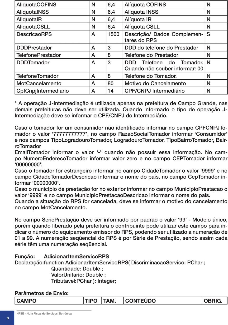 MotCancelamento A 80 Motivo do Cancelamento CpfCnpjIntermediario A 14 CPF/CPJ Intermediário * A operação J-Intermediação é utilizada apenas na prefeitura de Campo Grande, nas demais prefeituras não