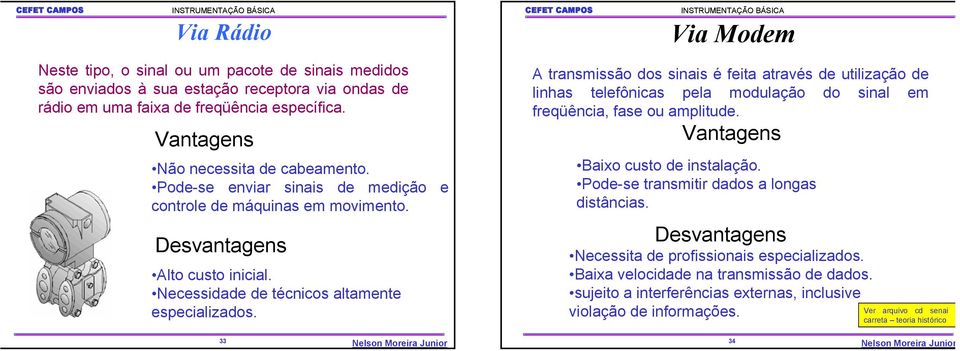 Via Modem A transmissão dos sinais é feita através de utilização de linhas telefônicas pela modulação do sinal em freqüência, fase ou amplitude. Vantagens Baixo custo de instalação.