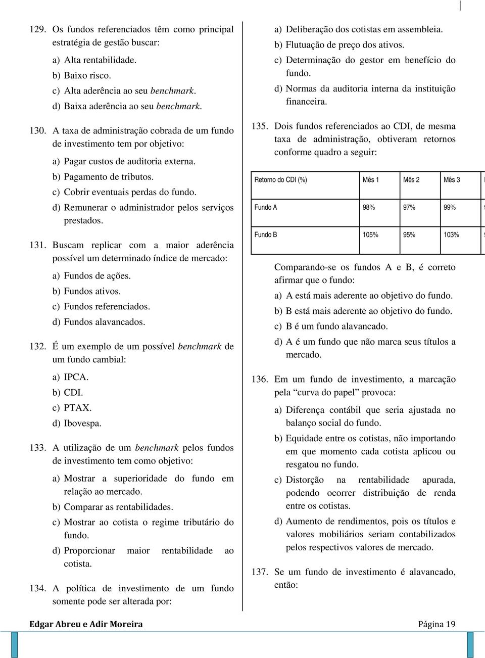 d) Remunerar o administrador pelos serviços prestados. 131. Buscam replicar com a maior aderência possível um determinado índice de mercado: a) Fundos de ações. b) Fundos ativos.