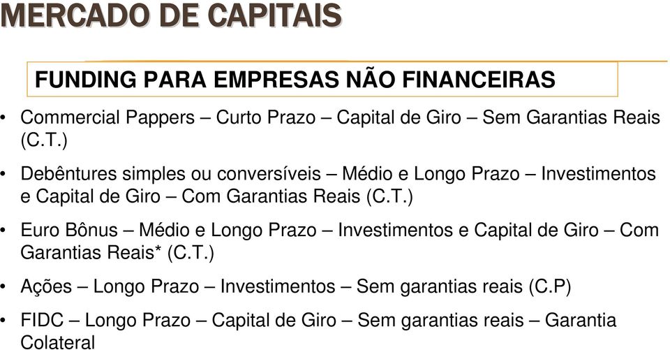 ) Debêntures simples ou conversíveis Médio e Longo Prazo Investimentos e Capital de Giro Com ) Euro Bônus Médio e