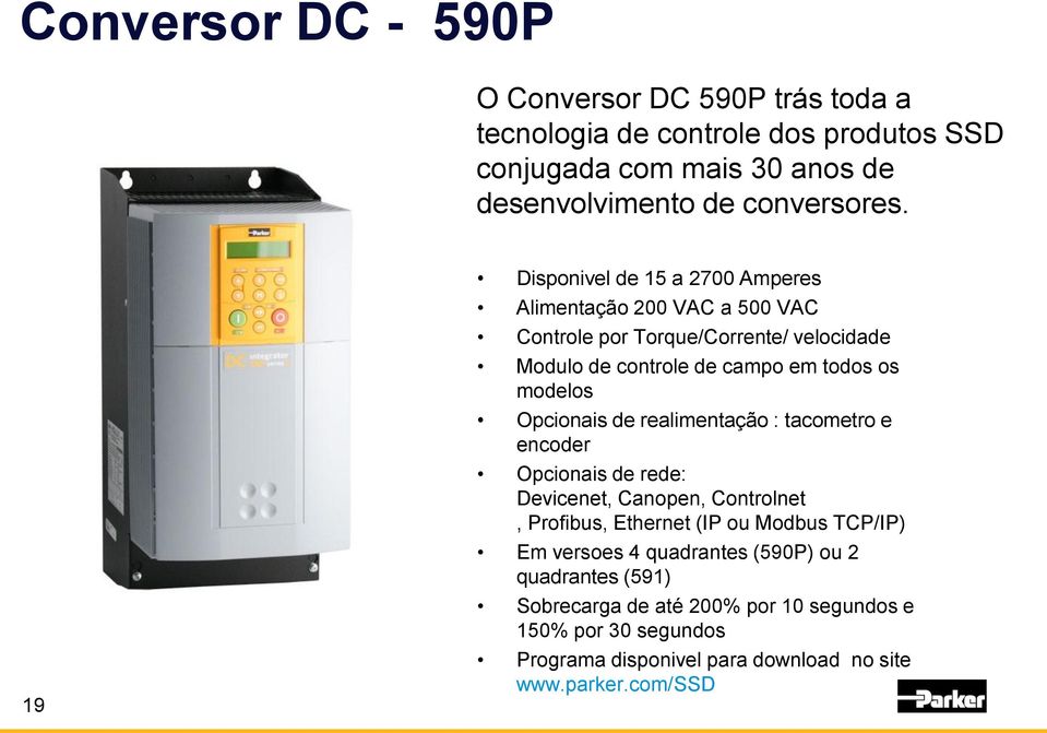 Opcionais de realimentação : tacometro e encoder Opcionais de rede: Devicenet, Canopen, Controlnet, Profibus, Ethernet (IP ou Modbus TCP/IP) Em versoes 4