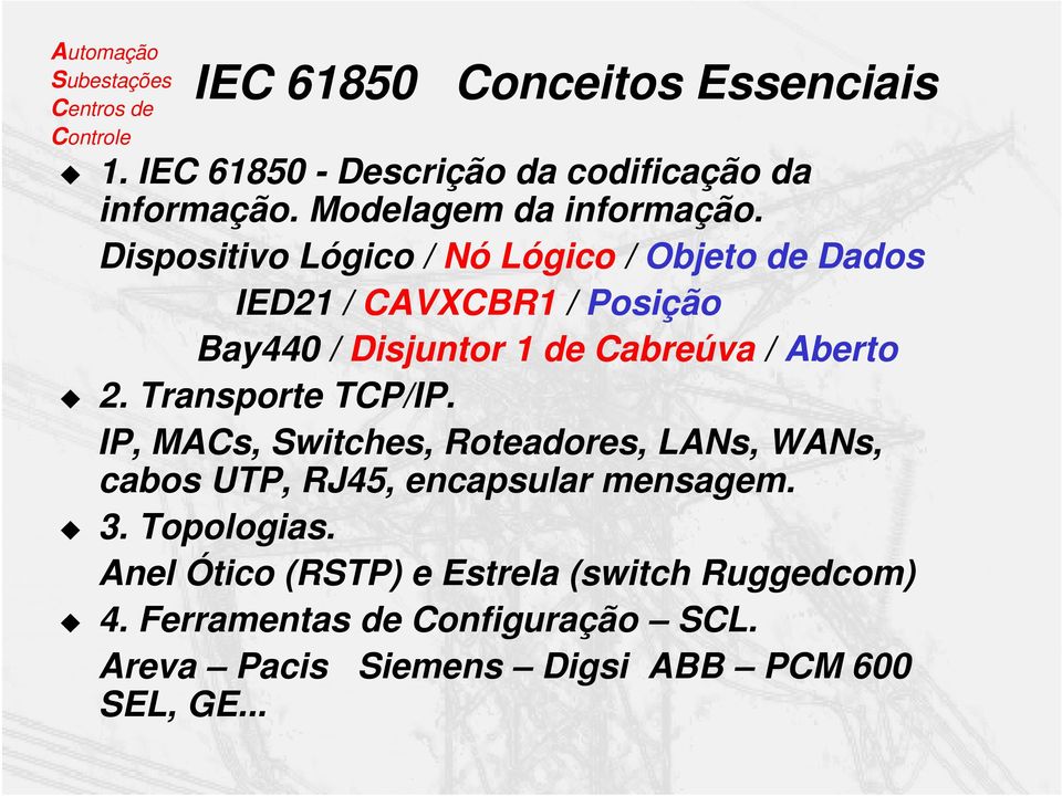 Transporte TCP/IP. IP, MACs, Switches, Roteadores, LANs, WANs, cabos UTP, RJ45, encapsular mensagem. 3. Topologias.