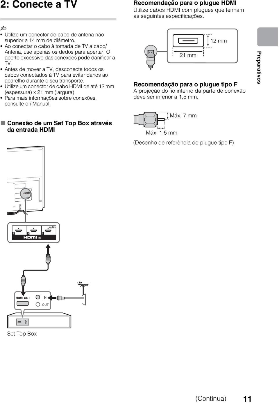 Antes de mover a TV, desconecte todos os cabos conectados à TV para evitar danos ao aparelho durante o seu transporte. Utilize um conector de cabo HDMI de até 12 mm (espessura) x 21 mm (largura).