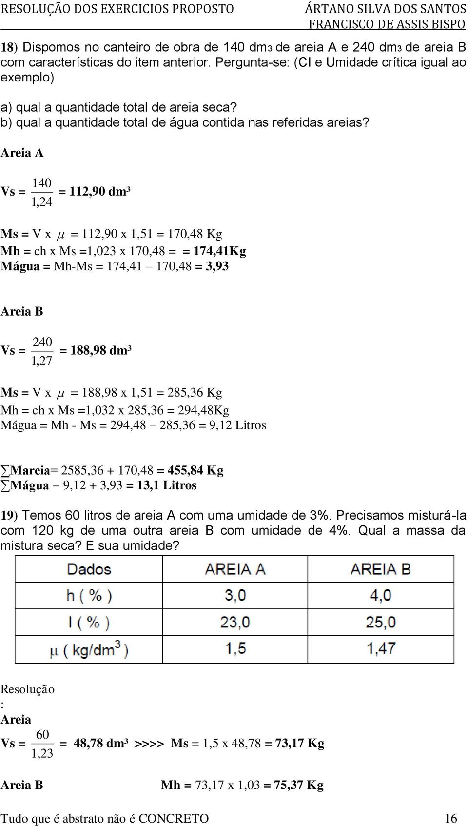 Areia A Vs = 140 = 112,90 dm³ 1,24 Ms = V x = 112,90 x 1,51 = 170,48 Kg Mh = ch x Ms =1,023 x 170,48 = = 174,41Kg Mágua = Mh-Ms = 174,41 170,48 = 3,93 Areia B Vs = 240 = 188,98 dm³ 1,27 Ms = V x =