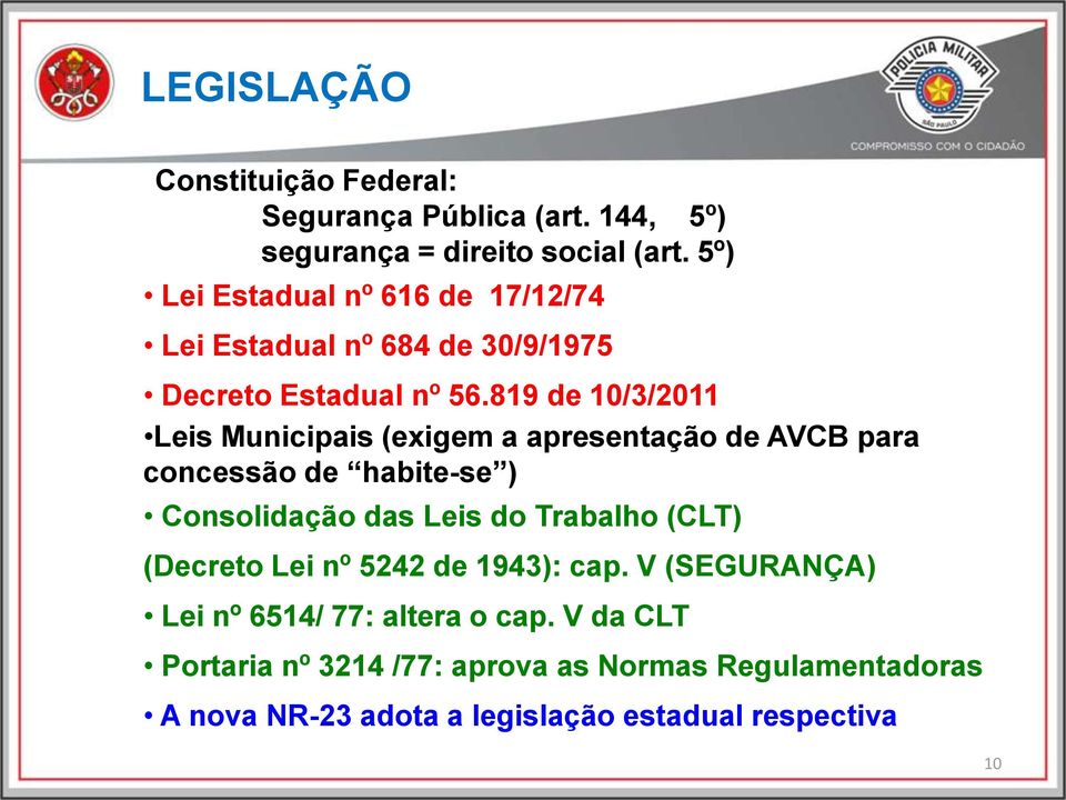 819 de 10/3/2011 Leis Municipais (exigem a apresentação de AVCB para concessão de habite-se ) Consolidação das Leis do Trabalho