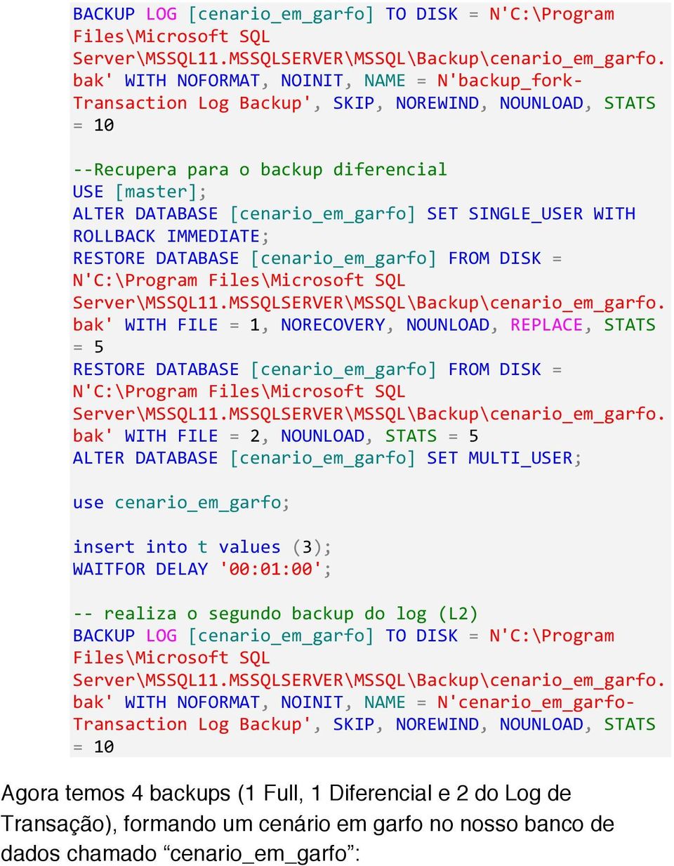 SET SINGLE_USER WITH ROLLBACK IMMEDIATE; RESTORE DATABASE [cenario_em_garfo] FROM DISK = N'C:\Program Files\Microsoft SQL Server\MSSQL11.MSSQLSERVER\MSSQL\Backup\cenario_em_garfo.