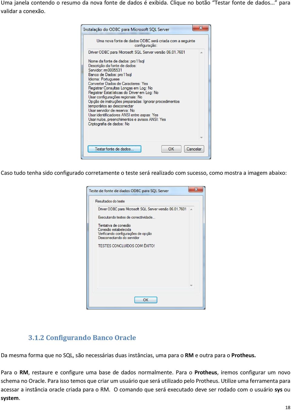 2 Configurando Banco Oracle Da mesma forma que no SQL, são necessárias duas instâncias, uma para o RM e outra para o Protheus.