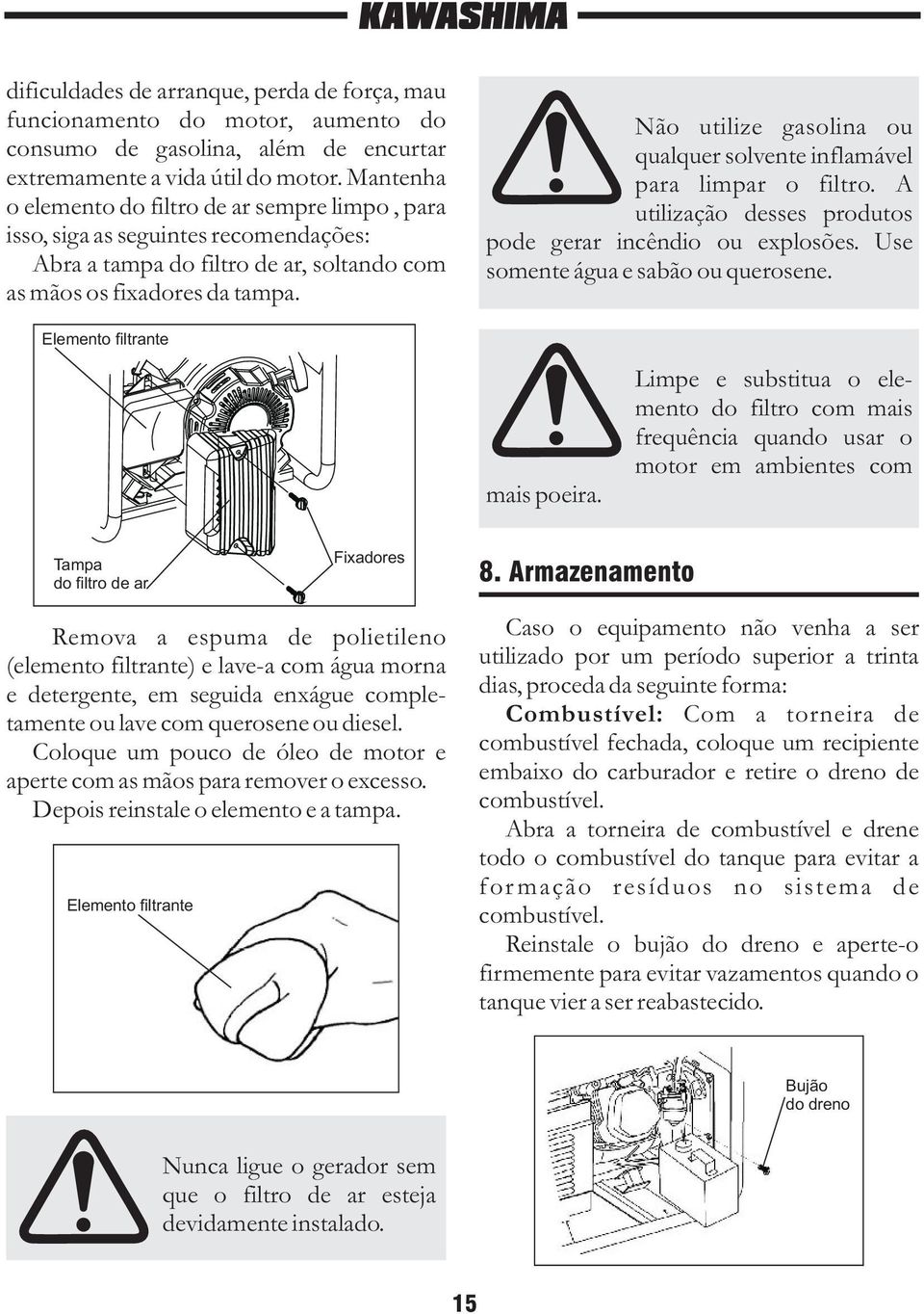 Não utilize gasolina ou qualquer solvente inflamável para limpar o filtro. A utilização desses produtos pode gerar incêndio ou explosões. Use somente água e sabão ou querosene.