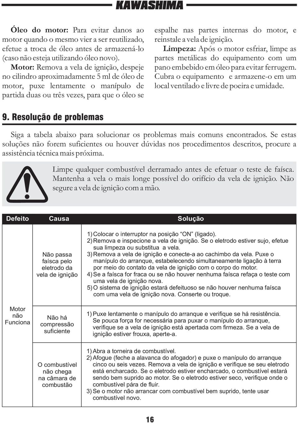 motor, e reinstale a vela de ignição. Limpeza: Após o motor esfriar, limpe as partes metálicas do equipamento com um pano embebido em óleo para evitar ferrugem.