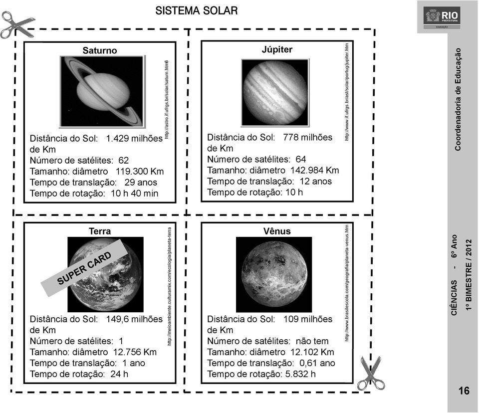 br/ast/solar/portug/jupiter.htm Terra Distância do Sol: 149,6 milhões de Km Número de satélites: 1 Tamanho: diâmetro 12.756 Km Tempo de translação: 1 ano Tempo de rotação: 24 h http://meioambiente.