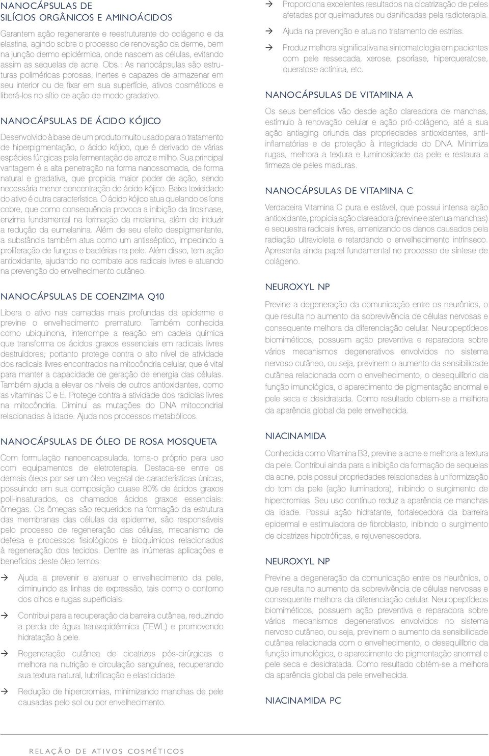 : As nanocápsulas são estruturas poliméricas porosas, inertes e capazes de armazenar em seu interior ou de fixar em sua superfície, ativos cosméticos e liberá-los no sítio de ação de modo gradativo.