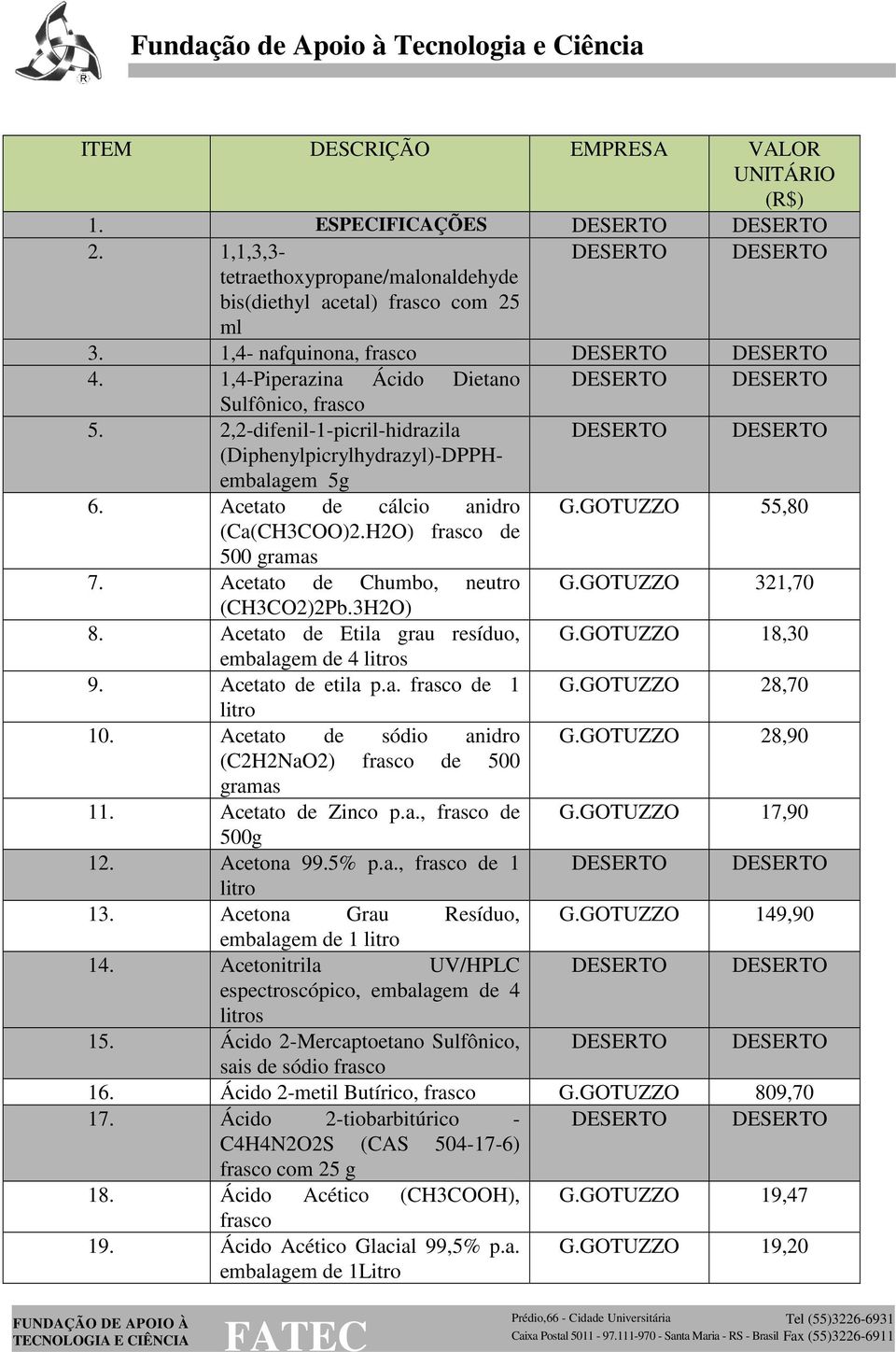 H2O) frasco de 500 7. Acetato de Chumbo, neutro G.GOTUZZO 321,70 (CH3CO2)2Pb.3H2O) 8. Acetato de Etila grau resíduo, G.GOTUZZO 18,30 embalagem de 4 litros 9. Acetato de etila p.a. frasco de 1 G.