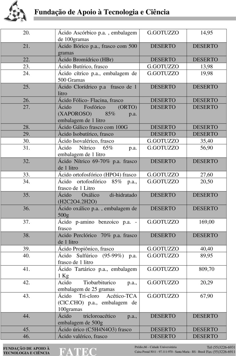 Ácido Gálico frasco com 100G 29. Àcido Isobutírico, frasco 30. Ácido Isovalérico, frasco G.GOTUZZO 35,40 31. Àcido Nítrico 65% p.a. G.GOTUZZO 56,90 embalagem de 1 litro 32. Ácido Nítrico 69-70% p.a. frasco de 1 litro 33.