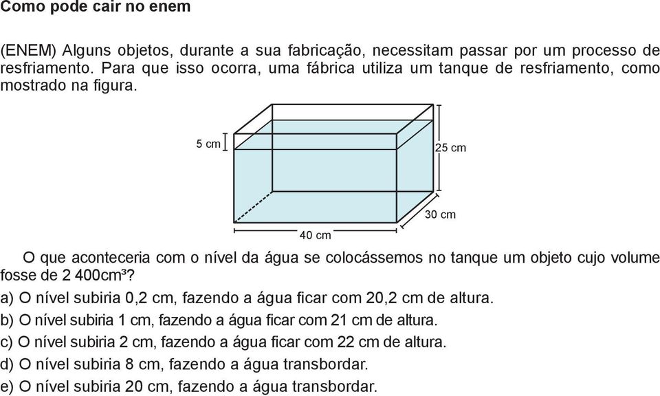 5 cm 25 cm 40 cm O que aconteceria com o nível da água se colocássemos no tanque um objeto cujo volume fosse de 2 400cm³?