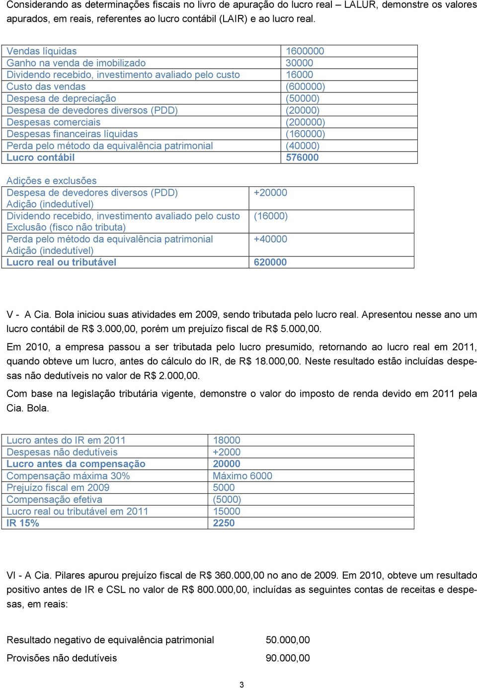 diversos (PDD) (20000) Despesas comerciais (200000) Despesas financeiras líquidas (160000) Perda pelo método da equivalência patrimonial (40000) Lucro contábil 576000 Adições e exclusões Despesa de