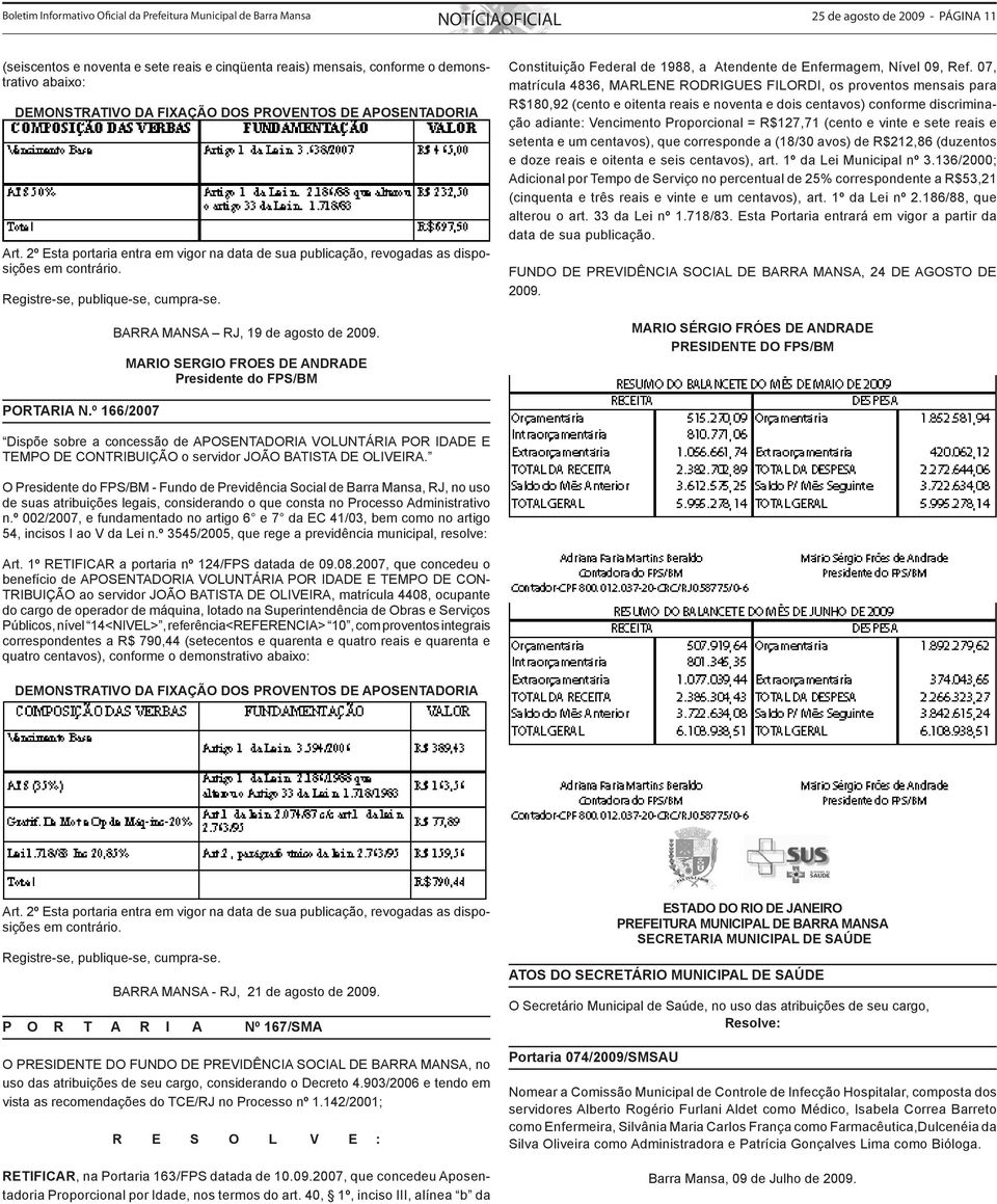 BARRA MANSA RJ, 19 de agosto de 2009. MARIO SERGIO FROES DE ANDRADE Presidente do FPS/BM Constituição Federal de 1988, a Atendente de Enfermagem, Nível 09, Ref.