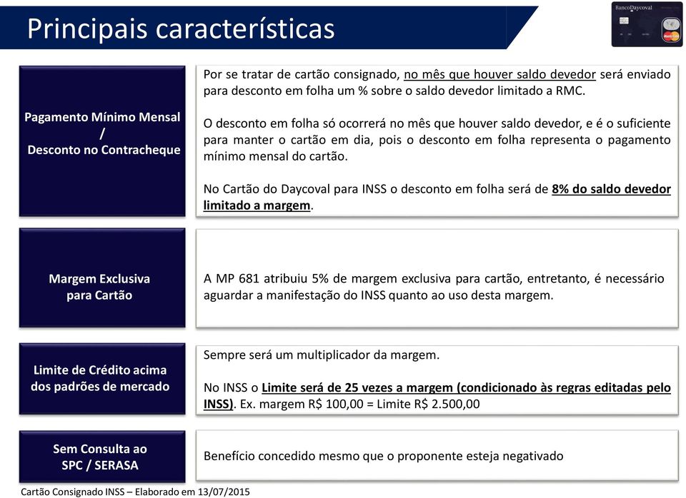 pagamento mínimo mensal do cartão. 7 No Cartão do Daycoval para INSS o desconto em folha será de 8% do saldo devedor limitado a margem.