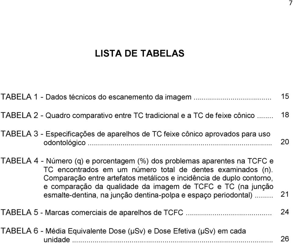 .. 20 TABELA 4 - Número (q) e porcentagem (%) dos problemas aparentes na TCFC e TC encontrados em um número total de dentes examinados (n).